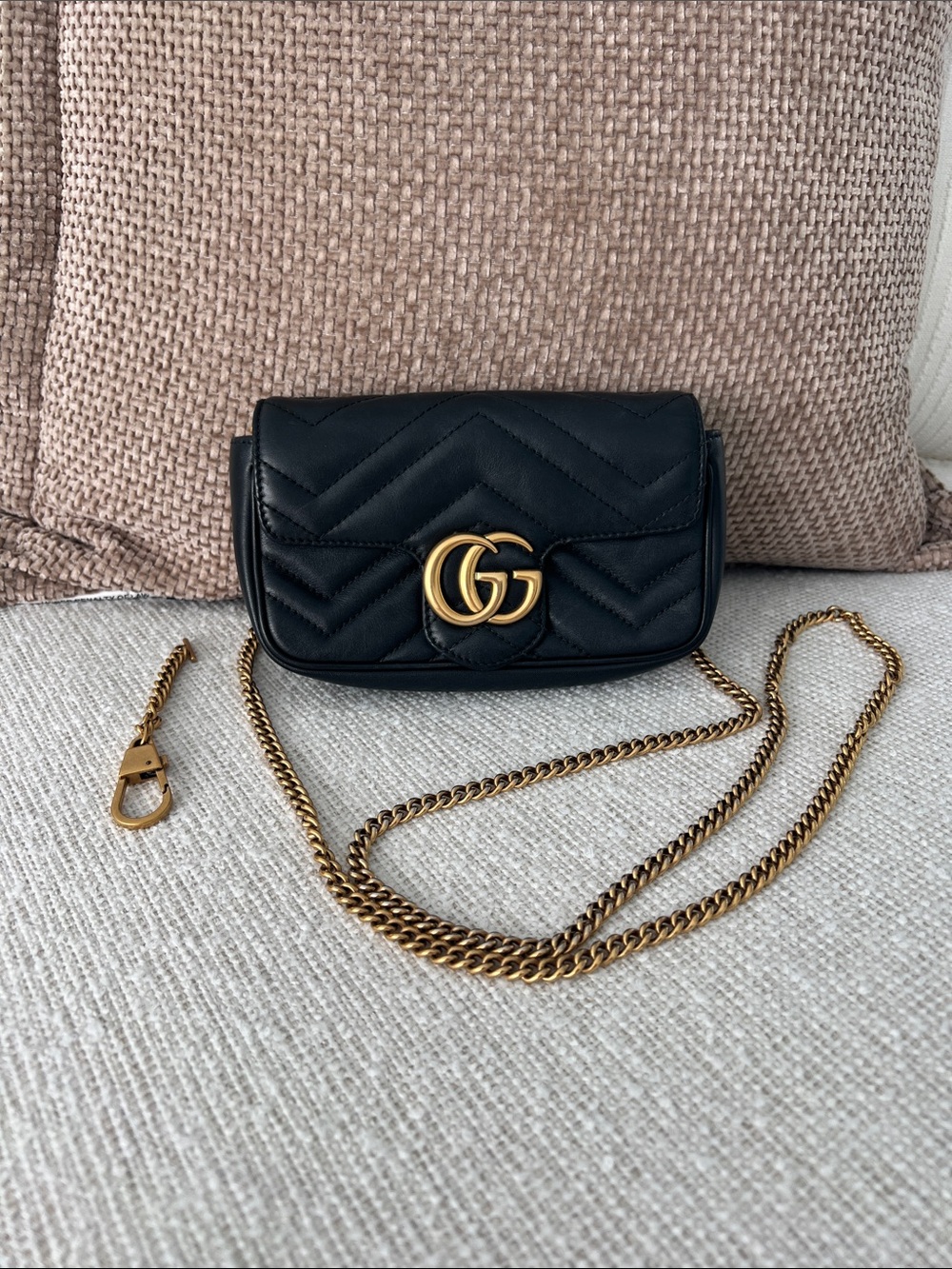 Gucci Black GG Marmont Quilted Leather Mini Bag with Gold Chain
